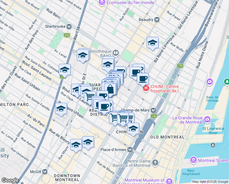 map of restaurants, bars, coffee shops, grocery stores, and more near 212 Rue Sainte-Catherine Est in Montréal