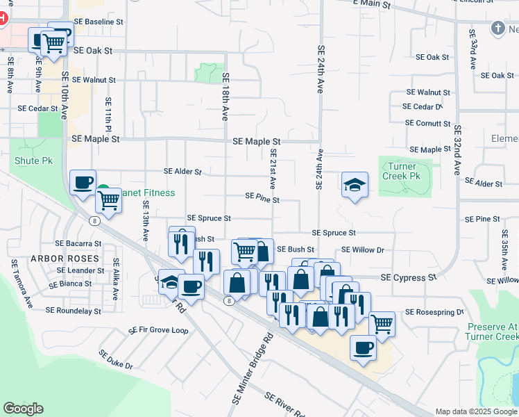 map of restaurants, bars, coffee shops, grocery stores, and more near 2051 Southeast Spruce Street in Hillsboro