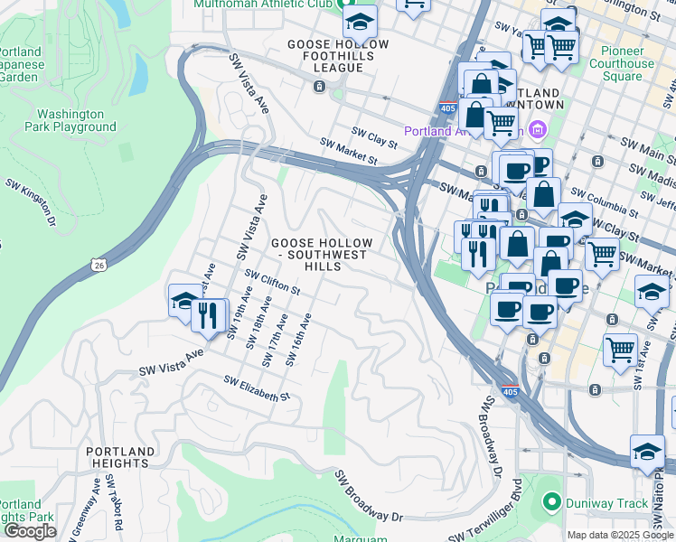 map of restaurants, bars, coffee shops, grocery stores, and more near 1485 Southwest Cardinell Drive in Portland
