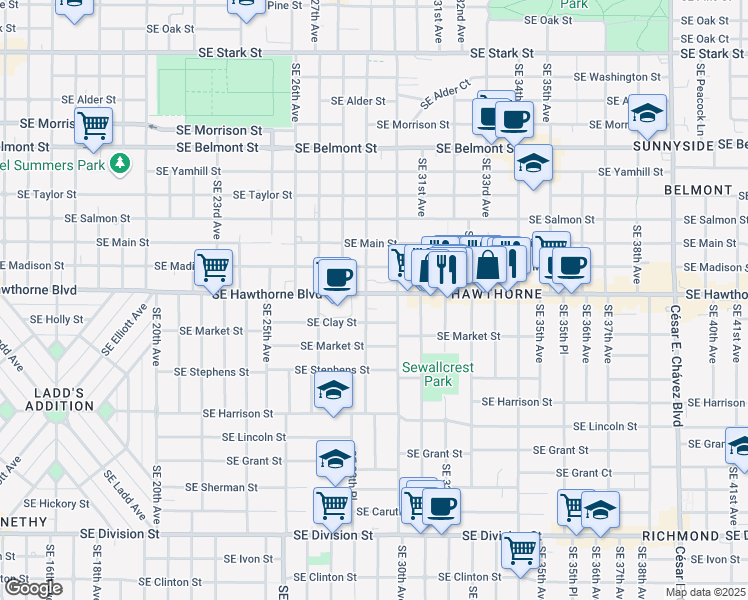 map of restaurants, bars, coffee shops, grocery stores, and more near 2910 Southeast Hawthorne Boulevard in Portland