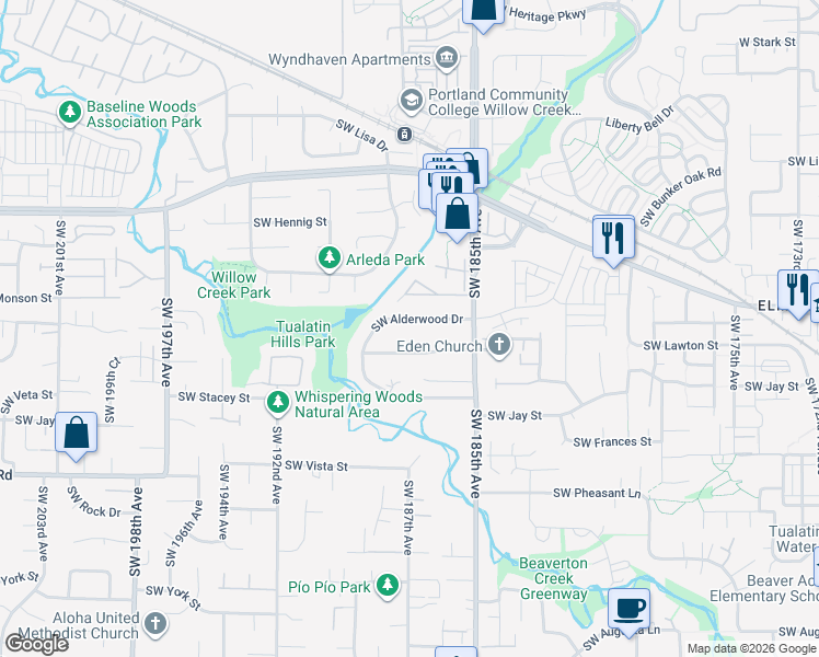 map of restaurants, bars, coffee shops, grocery stores, and more near 18690 Southwest Alderwood Drive in Aloha