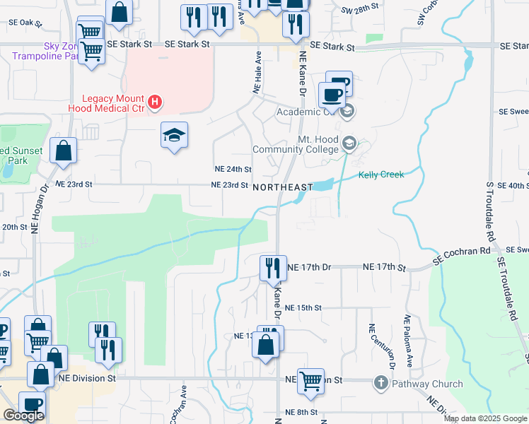 map of restaurants, bars, coffee shops, grocery stores, and more near 2105 Northeast Kane Drive in Gresham