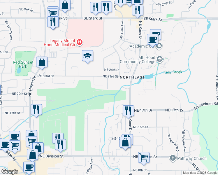map of restaurants, bars, coffee shops, grocery stores, and more near 2950 Northeast 23rd Street in Gresham