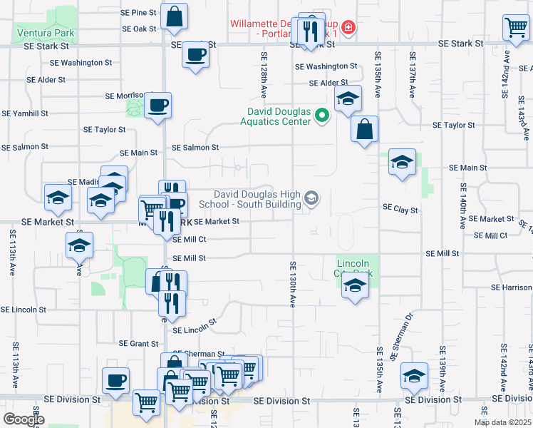 map of restaurants, bars, coffee shops, grocery stores, and more near 12720 Southeast Market Street in Portland