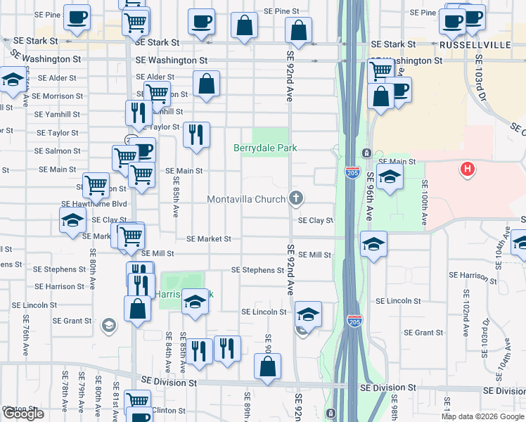 map of restaurants, bars, coffee shops, grocery stores, and more near 9006 Southeast Clay Street in Portland