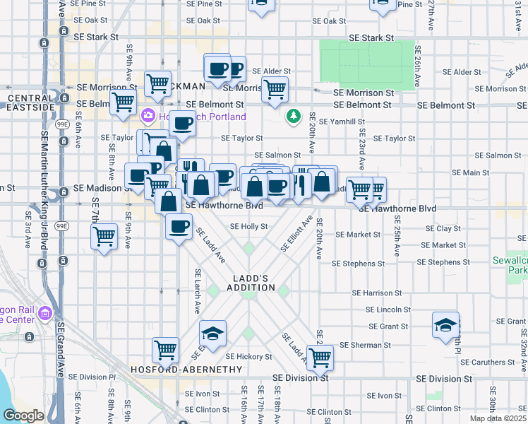 map of restaurants, bars, coffee shops, grocery stores, and more near 1650 Southeast Hawthorne Blvd-Holly Street Alley in Portland