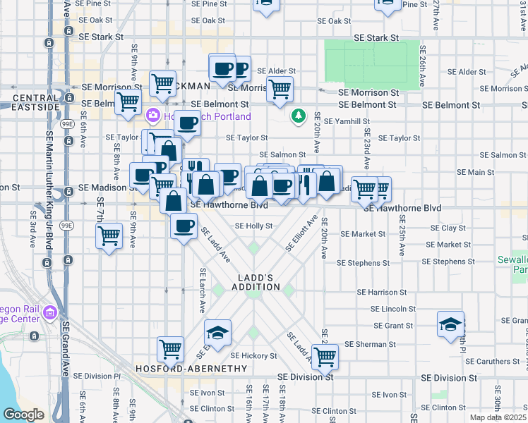 map of restaurants, bars, coffee shops, grocery stores, and more near 1650 Southeast Hawthorne Blvd-Holly Street Alley in Portland
