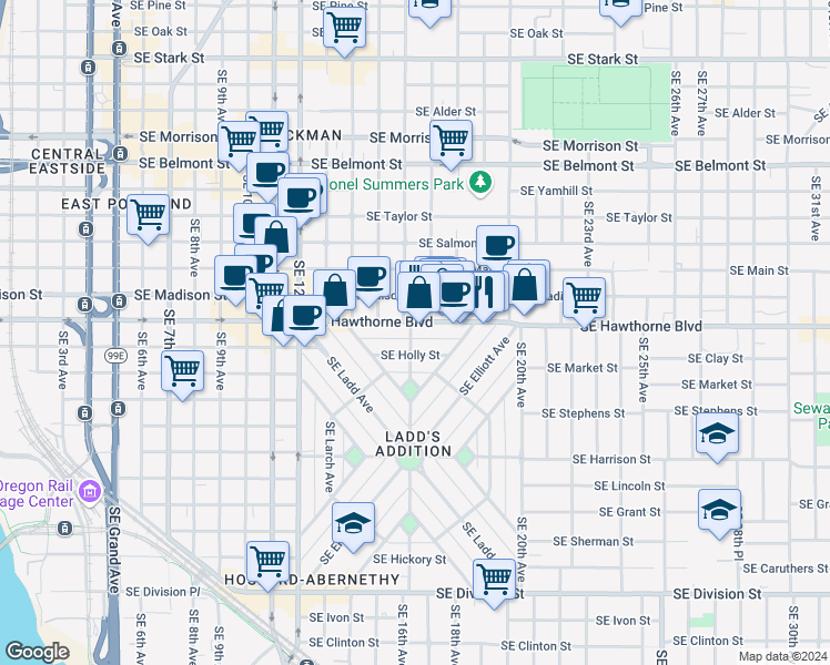 map of restaurants, bars, coffee shops, grocery stores, and more near 1650 Southeast Hawthorne Blvd-Holly Street Alley in Portland