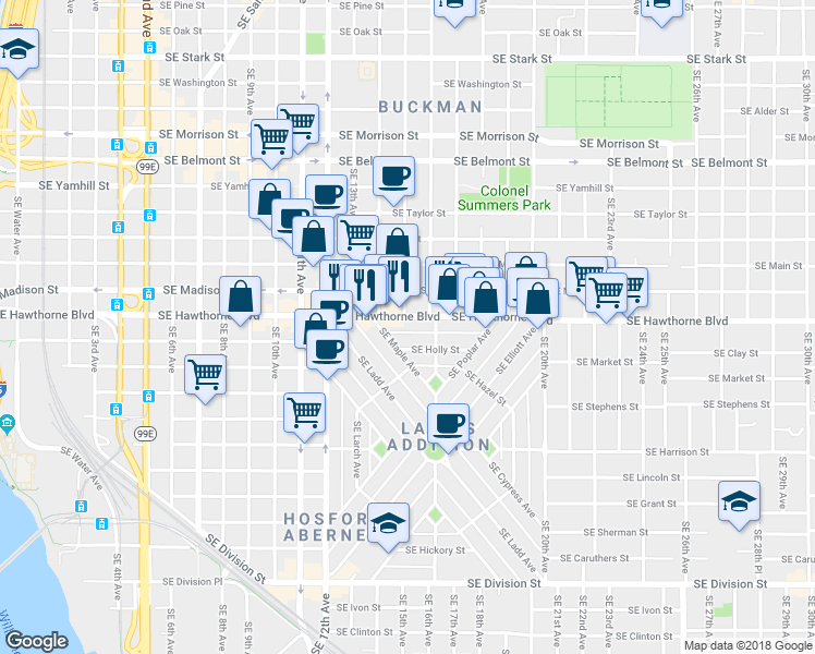 map of restaurants, bars, coffee shops, grocery stores, and more near 1517 Southeast Holly Street in Portland