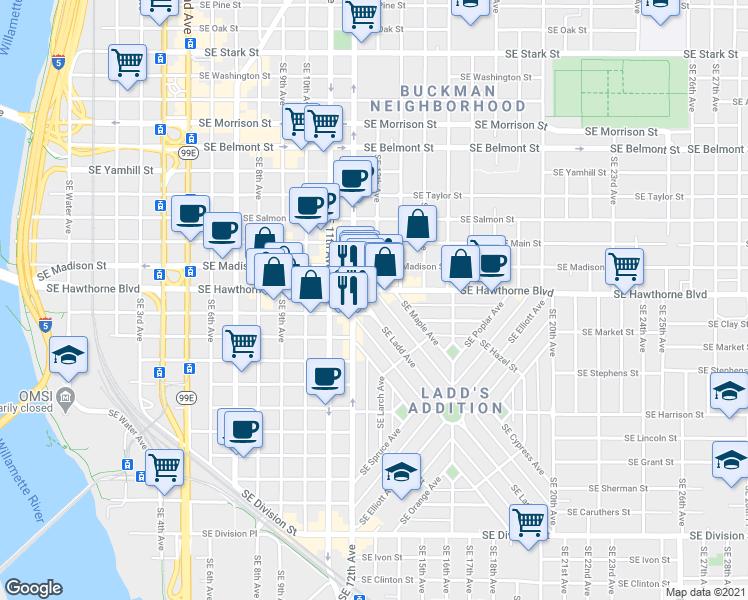 map of restaurants, bars, coffee shops, grocery stores, and more near in Portland