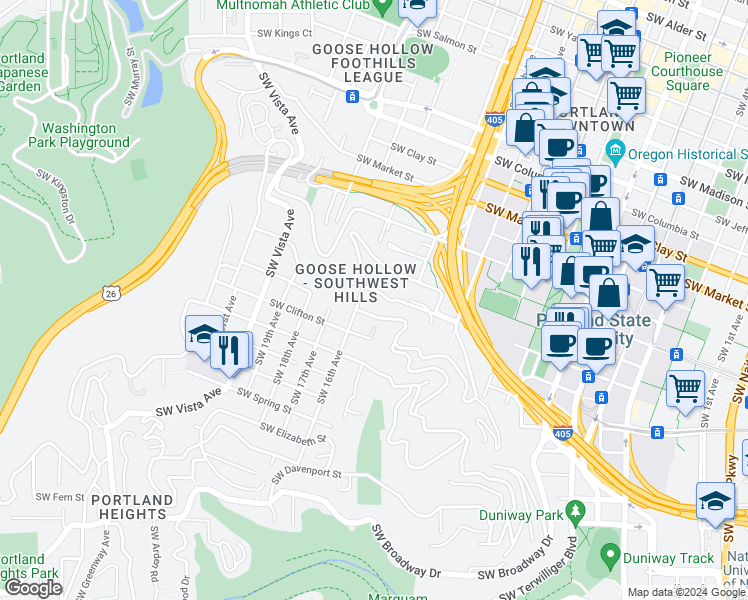 map of restaurants, bars, coffee shops, grocery stores, and more near 1485 Southwest Cardinell Drive in Portland