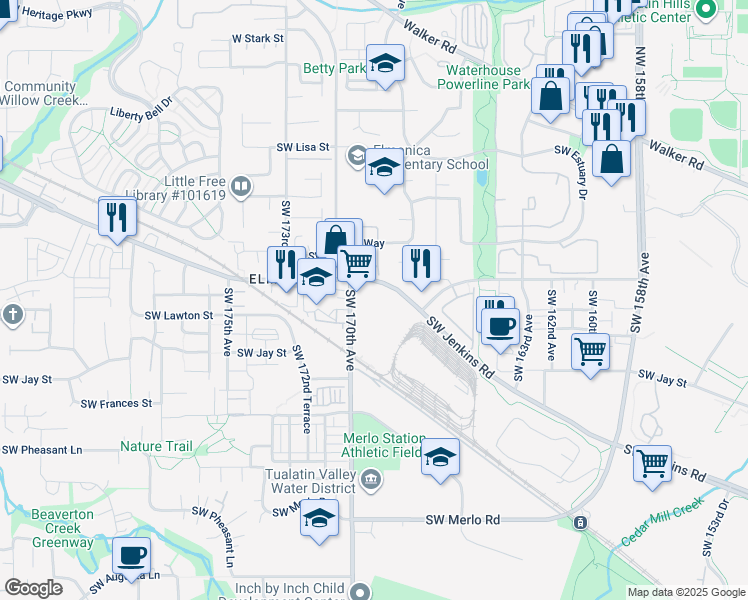 map of restaurants, bars, coffee shops, grocery stores, and more near 1010 Southwest 170th Avenue in Beaverton