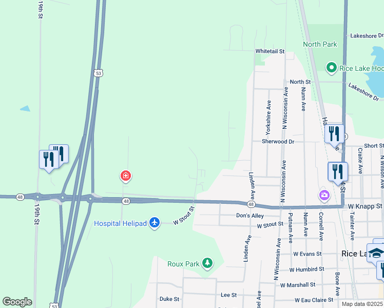 map of restaurants, bars, coffee shops, grocery stores, and more near 935 Hazelwood Drive in Rice Lake