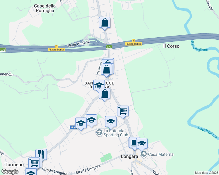 map of restaurants, bars, coffee shops, grocery stores, and more near 461 Viale Riviera Berica in Vicenza