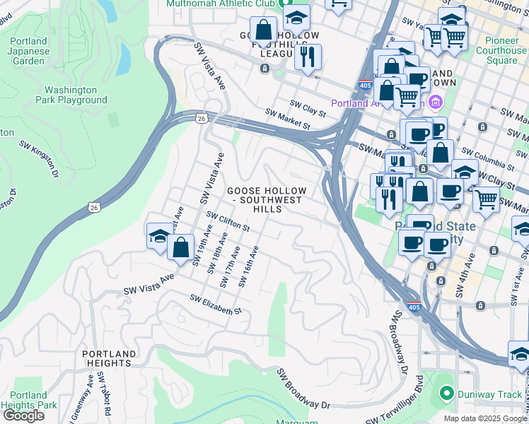 map of restaurants, bars, coffee shops, grocery stores, and more near 1987 Southwest 16th Avenue in Portland