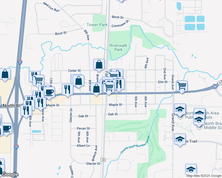 map of restaurants, bars, coffee shops, grocery stores, and more near 6381 Main Street in North Branch