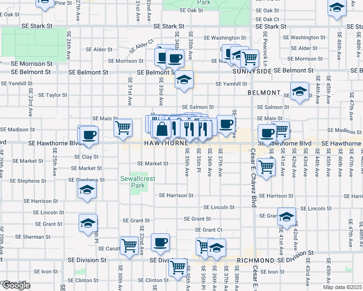 map of restaurants, bars, coffee shops, grocery stores, and more near 1534 Southeast 34th Avenue in Portland
