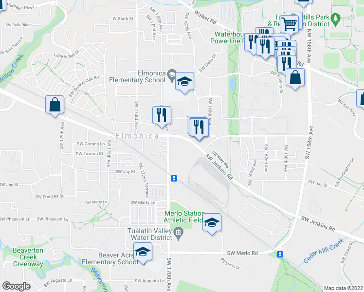 map of restaurants, bars, coffee shops, grocery stores, and more near 1100 Southwest 170th Avenue in Beaverton