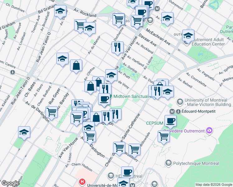 map of restaurants, bars, coffee shops, grocery stores, and more near 6100 Chemin Deacon in Montréal