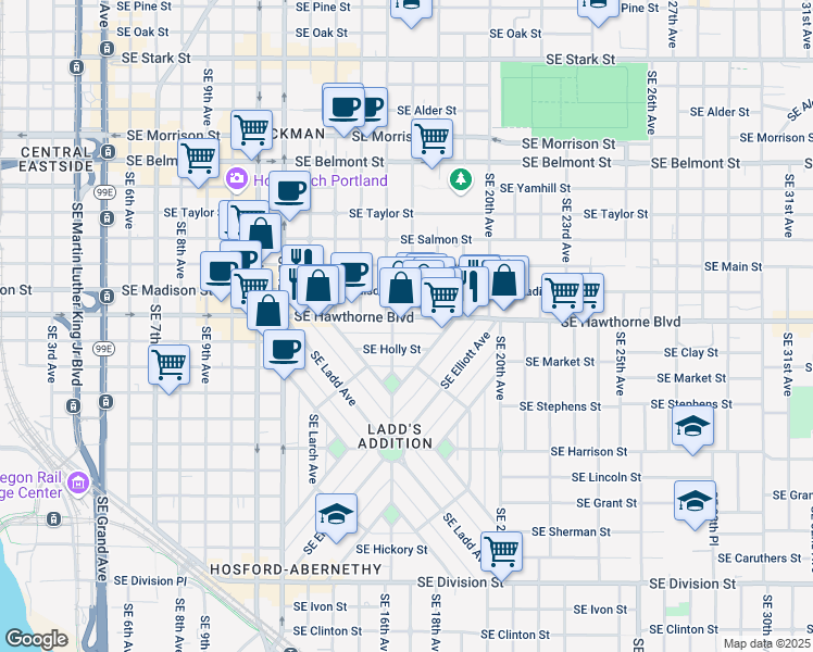 map of restaurants, bars, coffee shops, grocery stores, and more near 1650 Southeast Hawthorne Blvd-Holly Street Alley in Portland