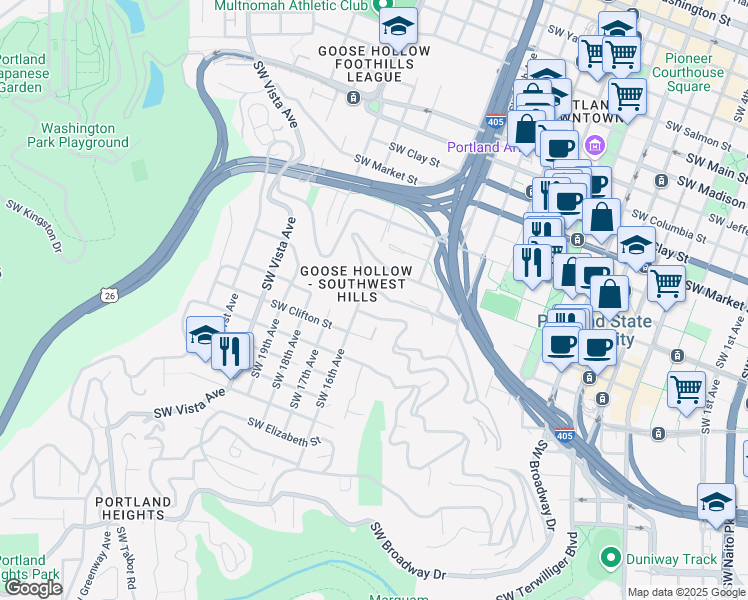 map of restaurants, bars, coffee shops, grocery stores, and more near 1960 Southwest 16th Avenue in Portland