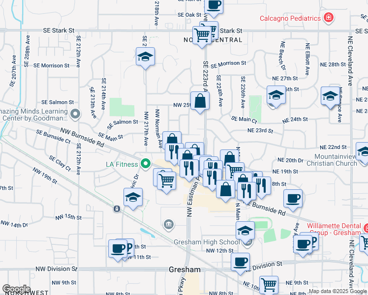 map of restaurants, bars, coffee shops, grocery stores, and more near 1545 Southeast 223rd Avenue in Gresham