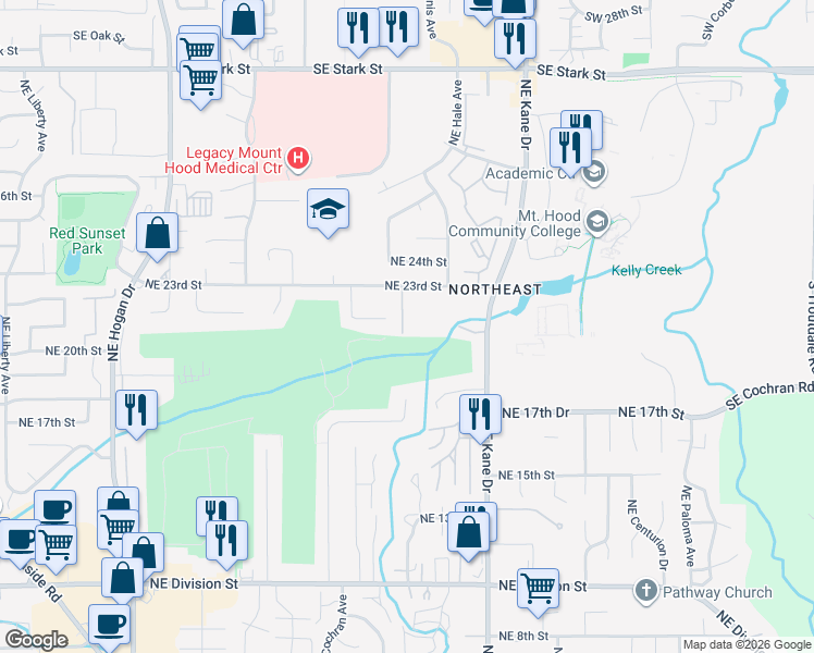 map of restaurants, bars, coffee shops, grocery stores, and more near 2950 Northeast 23rd Street in Gresham
