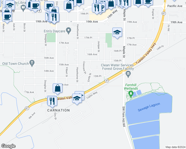 map of restaurants, bars, coffee shops, grocery stores, and more near 2811 13th Place in Forest Grove