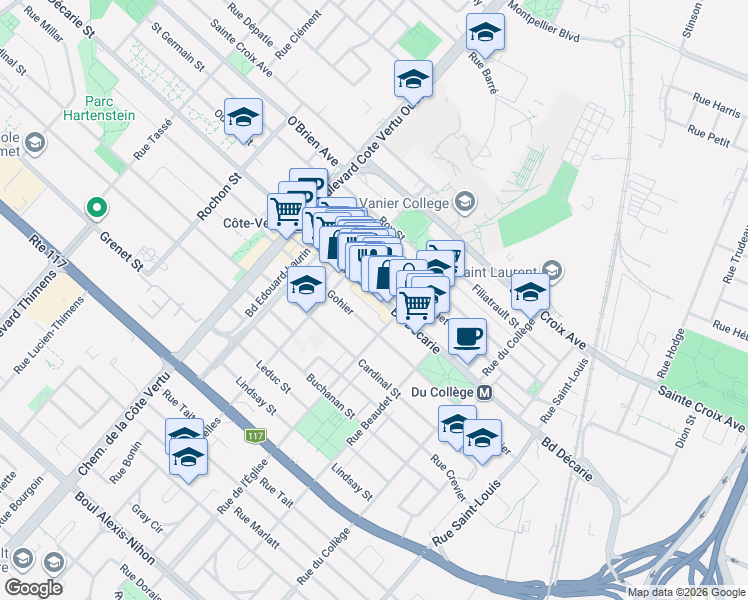 map of restaurants, bars, coffee shops, grocery stores, and more near 832 Boulevard Décarie in Montréal