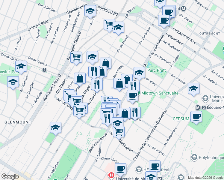 map of restaurants, bars, coffee shops, grocery stores, and more near 6300 Place Northcrest in Montréal