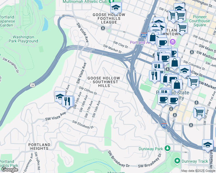 map of restaurants, bars, coffee shops, grocery stores, and more near 1960 Southwest 16th Avenue in Portland