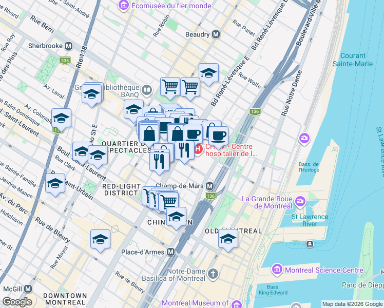 map of restaurants, bars, coffee shops, grocery stores, and more near 1019 Rue Saint-Denis in Montréal
