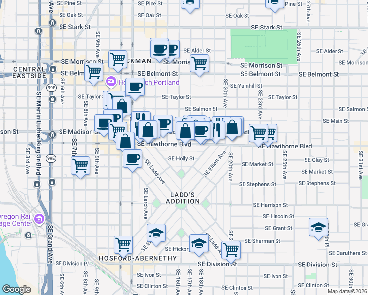 map of restaurants, bars, coffee shops, grocery stores, and more near 1512 Southeast 16th Avenue in Portland