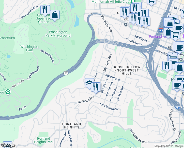 map of restaurants, bars, coffee shops, grocery stores, and more near 2132 Southwest Montgomery Drive in Portland