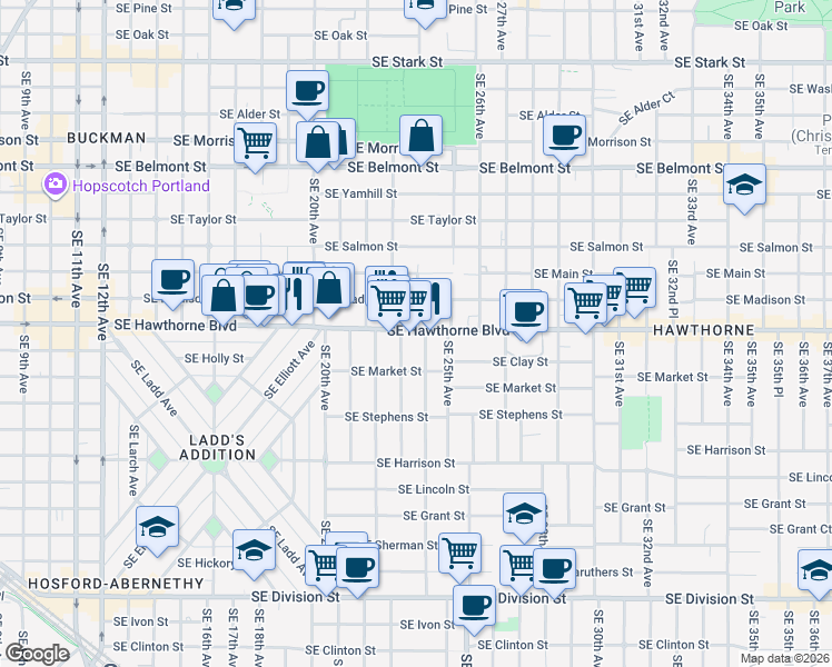 map of restaurants, bars, coffee shops, grocery stores, and more near 1535 Southeast 24th Avenue in Portland
