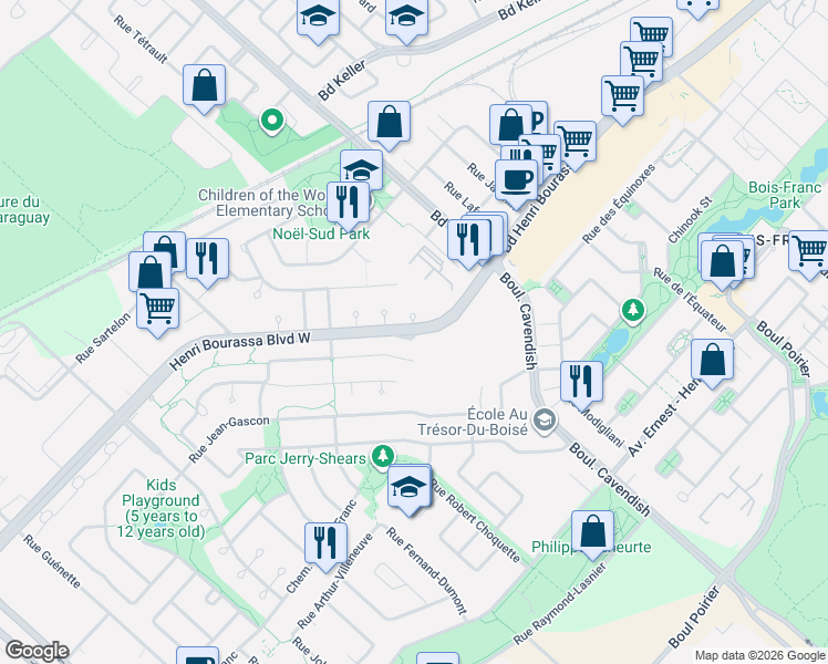 map of restaurants, bars, coffee shops, grocery stores, and more near 6550 Henri Bourassa Boulevard West in Montreal