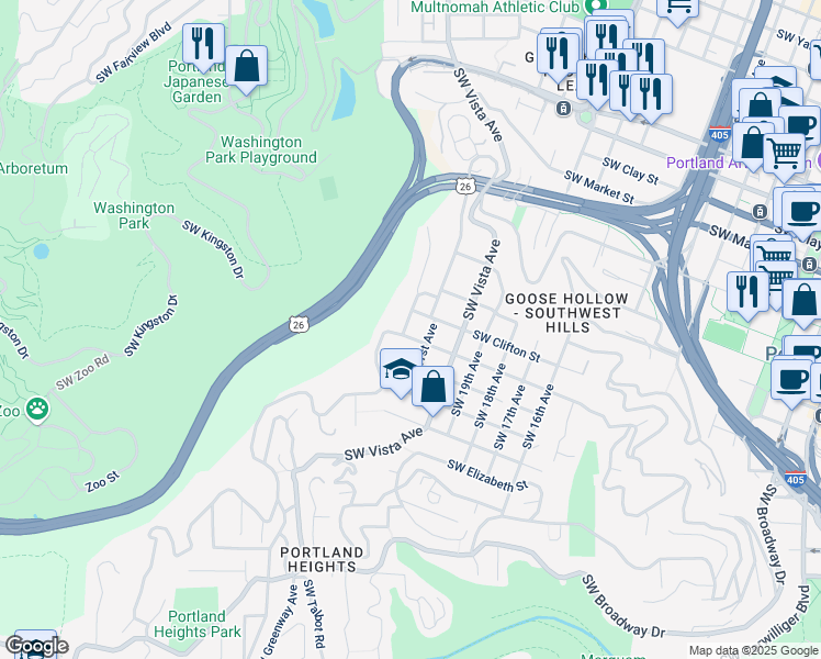 map of restaurants, bars, coffee shops, grocery stores, and more near 2132 Southwest Montgomery Drive in Portland