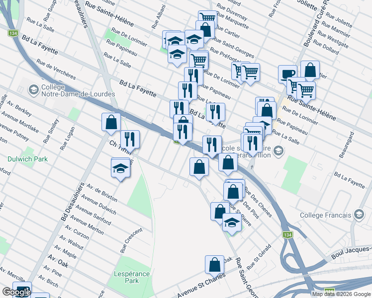 map of restaurants, bars, coffee shops, grocery stores, and more near 1406 Boulevard Taschereau in Longueuil