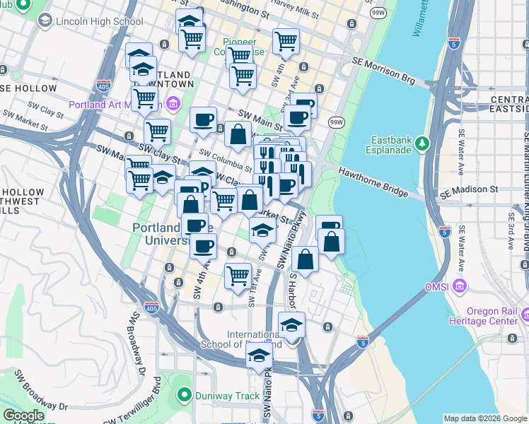 map of restaurants, bars, coffee shops, grocery stores, and more near 200 Southwest Market Street in Portland