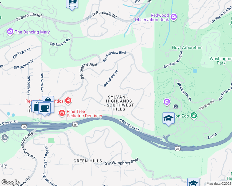 map of restaurants, bars, coffee shops, grocery stores, and more near 1439 Southwest Highland Road in Portland