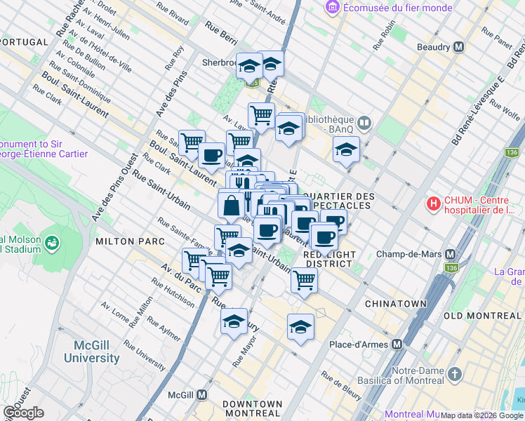 map of restaurants, bars, coffee shops, grocery stores, and more near 2075 Boulevard Saint-Laurent in Montréal