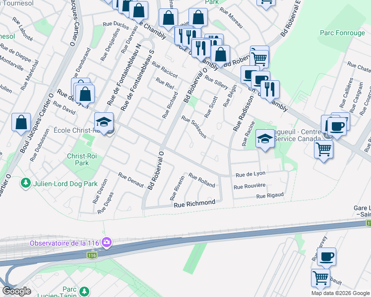 map of restaurants, bars, coffee shops, grocery stores, and more near 3234 Terrasse Vogue in Longueuil