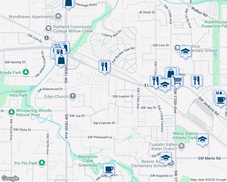 map of restaurants, bars, coffee shops, grocery stores, and more near 17845 Southwest Lawton Street in Beaverton
