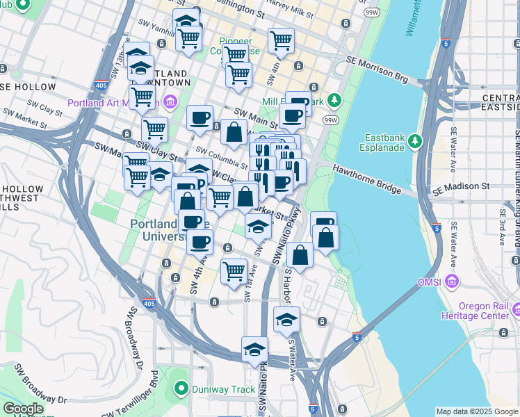 map of restaurants, bars, coffee shops, grocery stores, and more near Southwest 2nd Avenue in Portland