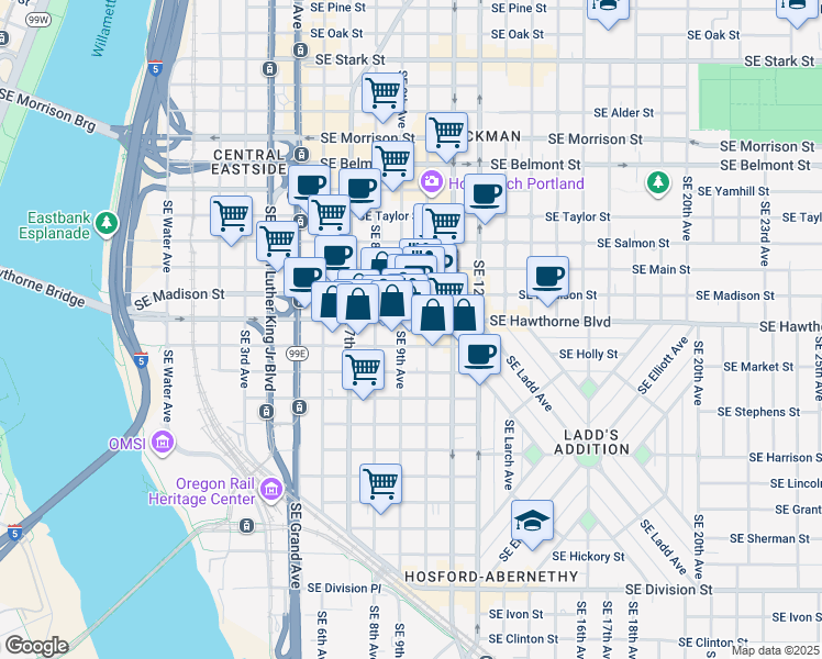 map of restaurants, bars, coffee shops, grocery stores, and more near 925 Southeast Clay Street in Portland