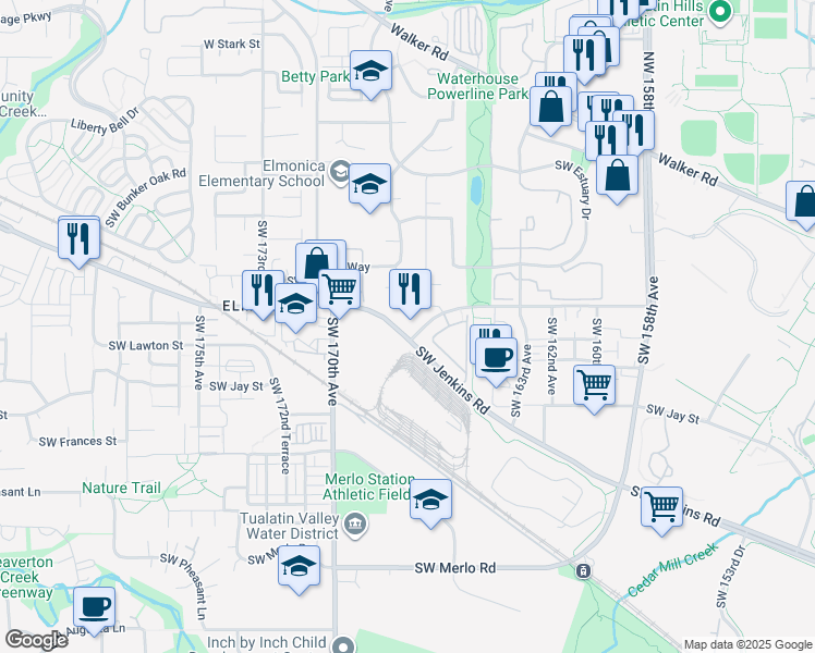 map of restaurants, bars, coffee shops, grocery stores, and more near 16735 West Baseline Road in Beaverton