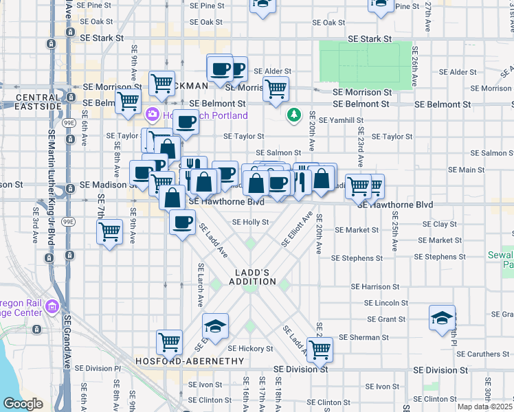 map of restaurants, bars, coffee shops, grocery stores, and more near 1620 Southeast Hawthorne Boulevard in Portland