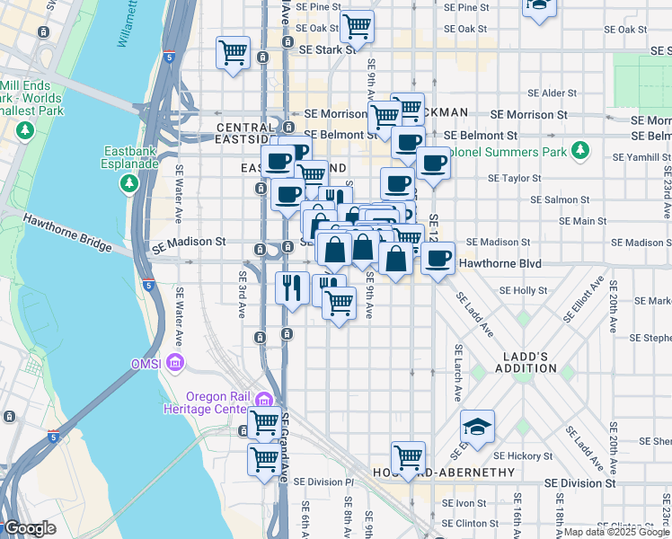 map of restaurants, bars, coffee shops, grocery stores, and more near 737 Southeast Market Street in Portland