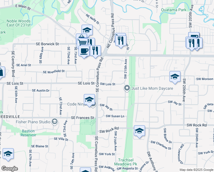 map of restaurants, bars, coffee shops, grocery stores, and more near 21740 Southwest Lois Street in Beaverton