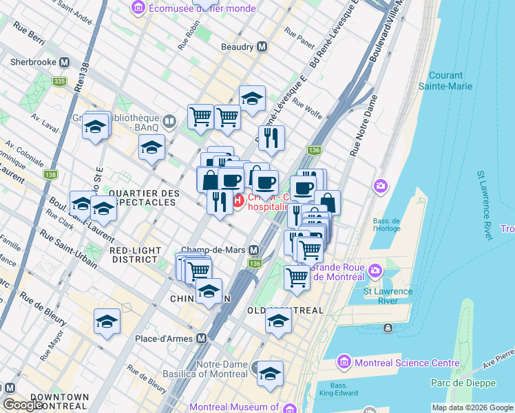 map of restaurants, bars, coffee shops, grocery stores, and more near 1019 Rue Saint-Denis in Montréal